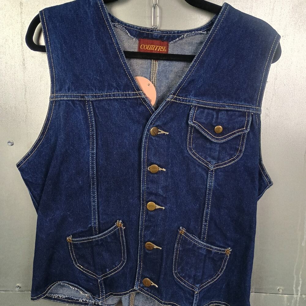 Country Vintage 80s 90s Cotton Blue Denim Vest Cowboy Western Buckleback Large